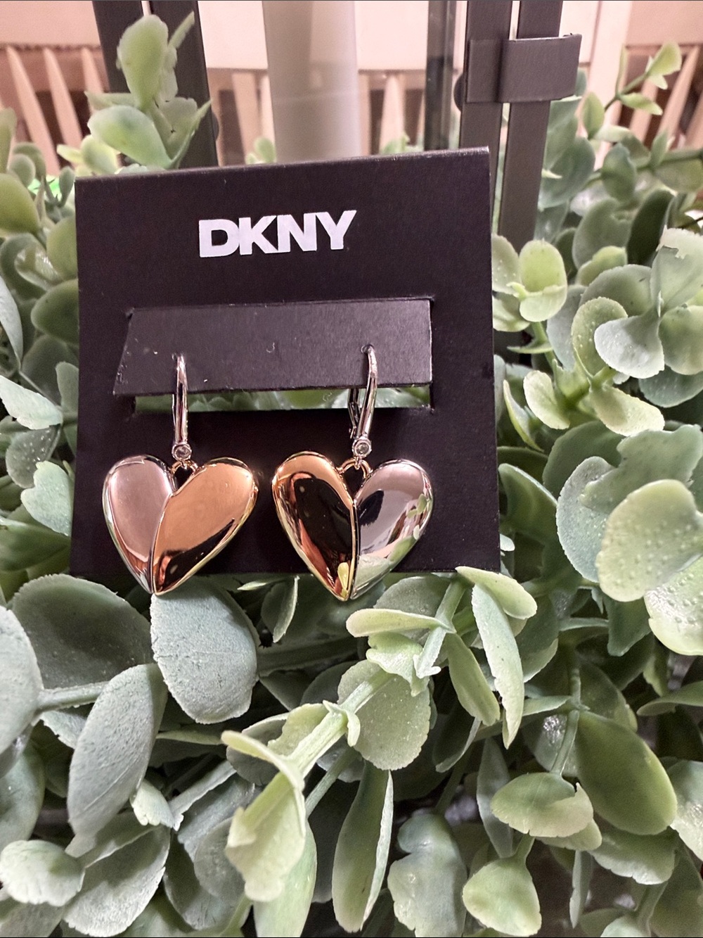 DKNY Shiny Gold/Silver  Heart Drop Earrings with Crystal Accent